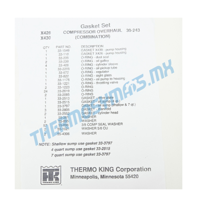 Kit de Empaques para Compresor X426 / X430 original Thermo King (30-0243)