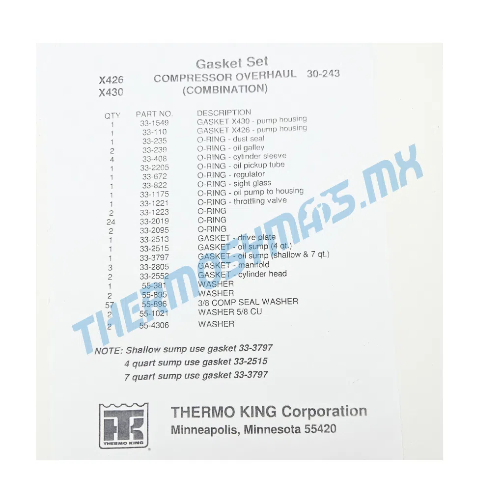 Kit de Empaques para Compresor X426 / X430 original Thermo King (30-0243)